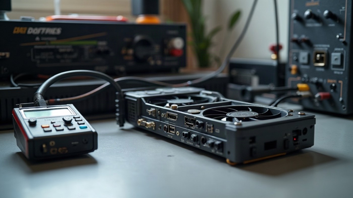 A graphics card wired to test equipment on a workbench