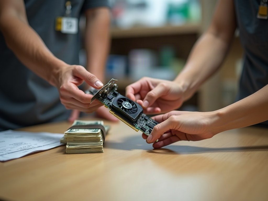 A used graphics card being handed across the shop counter