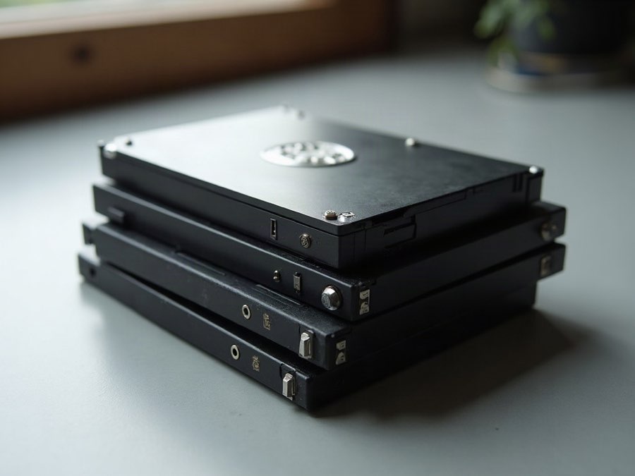 A stack of used 2.5-inch drives on a desk