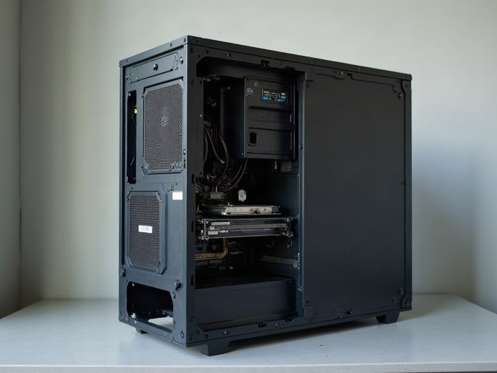 A desktop tower with the side panel off, graphics card visible